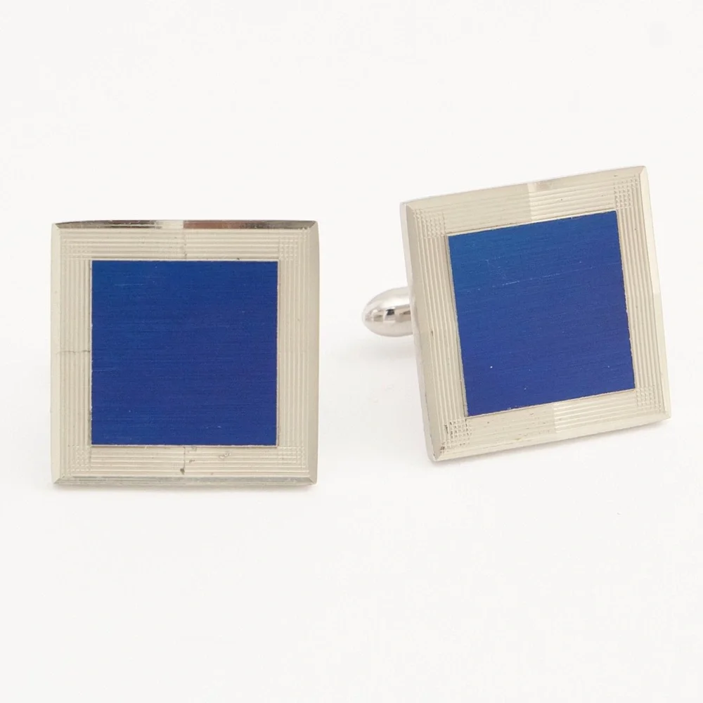 Vintage Etched Blue Tile Cufflinks Silver Tone Large Square Cuff Links
